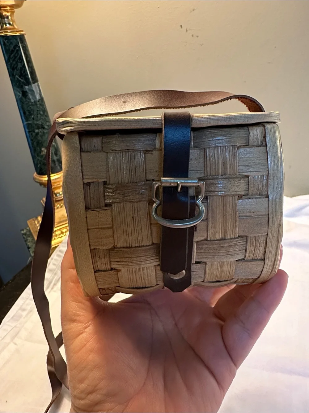Woven Straw Crossbody Bag with Brown Leather Strap